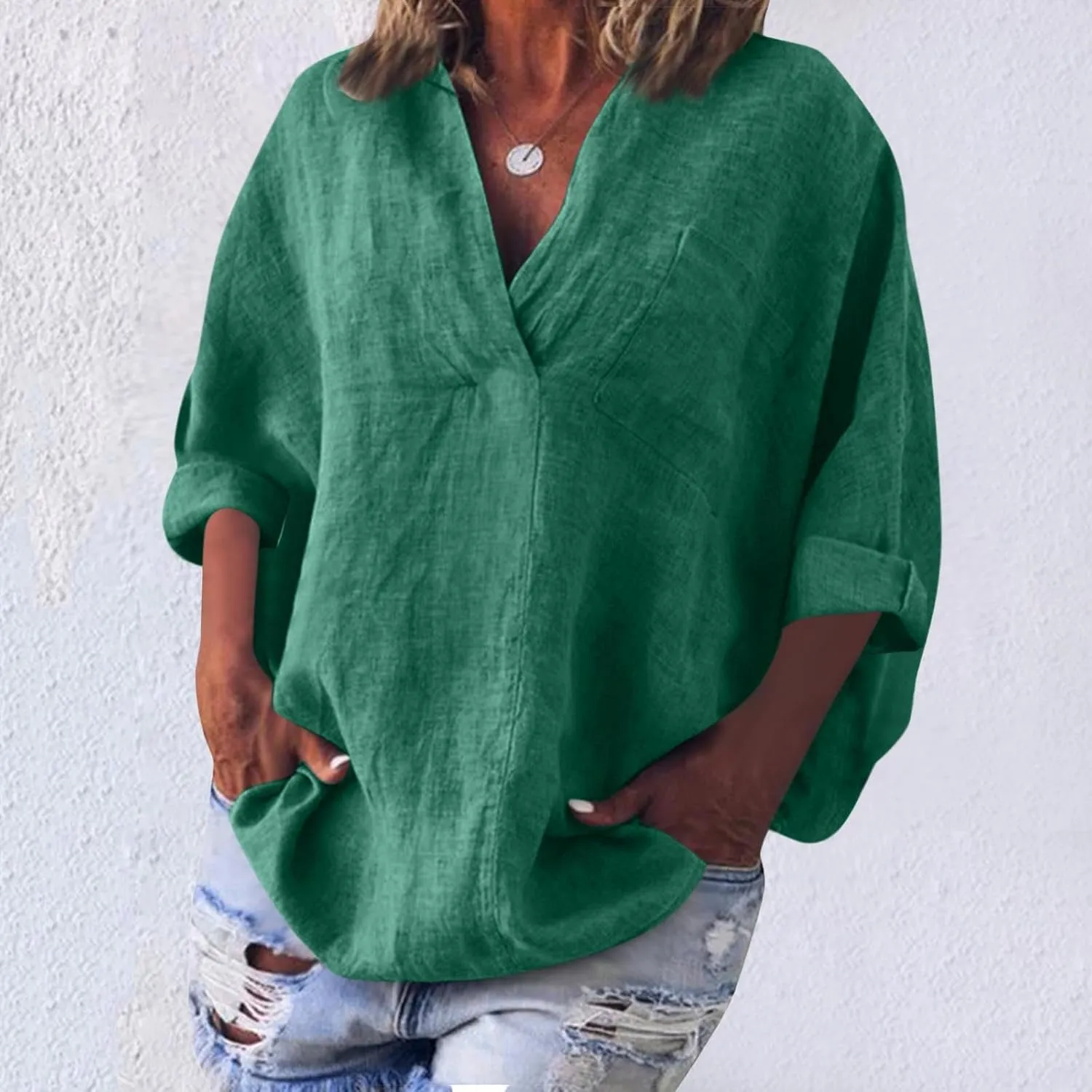 Women High-Low Hem Linen Tunic Tops Summer Dressy Lapel V Neck 3/4 Sleeve T-Shirts Casual Loose Fit Work Blouses with Pocket