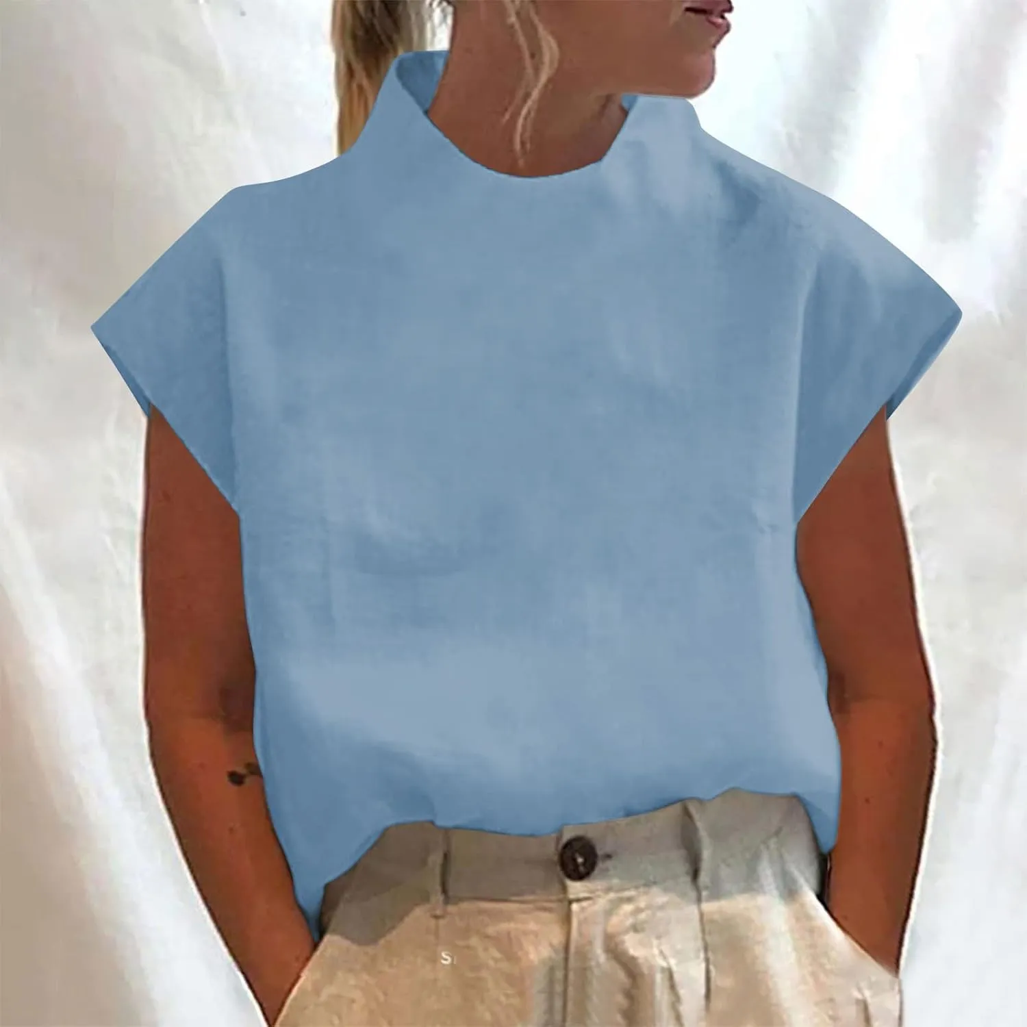 Women High Neck Cotton Linen Shirt Summer Casual Elegant Cap Sleeve Tee Tops Oversized Streetwear Zip Up Back Blouse