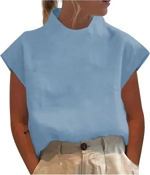 Women High Neck Cotton Linen Shirt Summer Casual Elegant Cap Sleeve Tee Tops Oversized Streetwear Zip Up Back Blouse