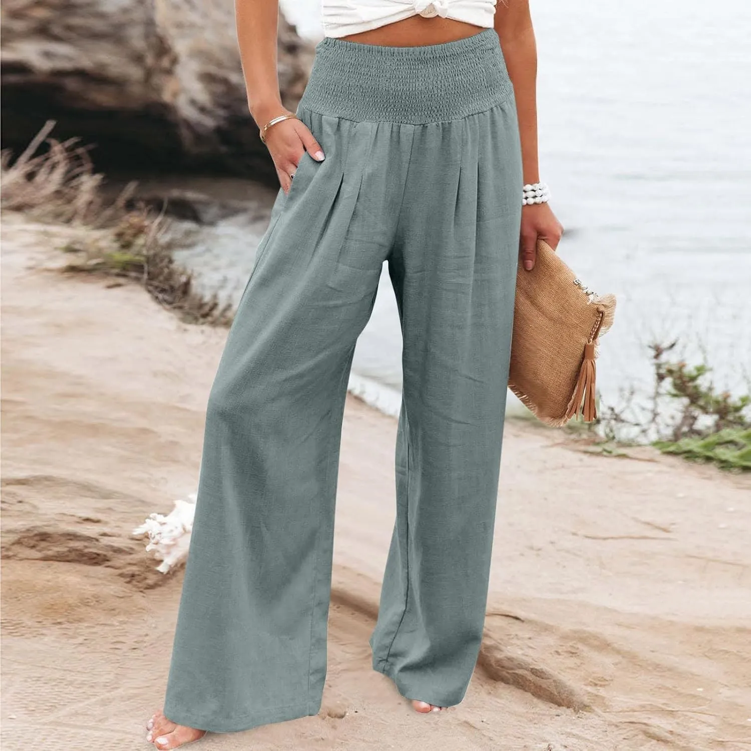 Women High Waisted Lounge Wide Leg Pants Elastic Waist Pleated Straight Pants Baggy Long Trousers Fall Trendy