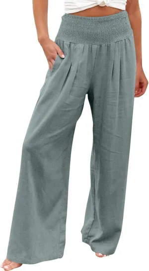 Women High Waisted Lounge Wide Leg Pants Elastic Waist Pleated Straight Pants Baggy Long Trousers Fall Trendy