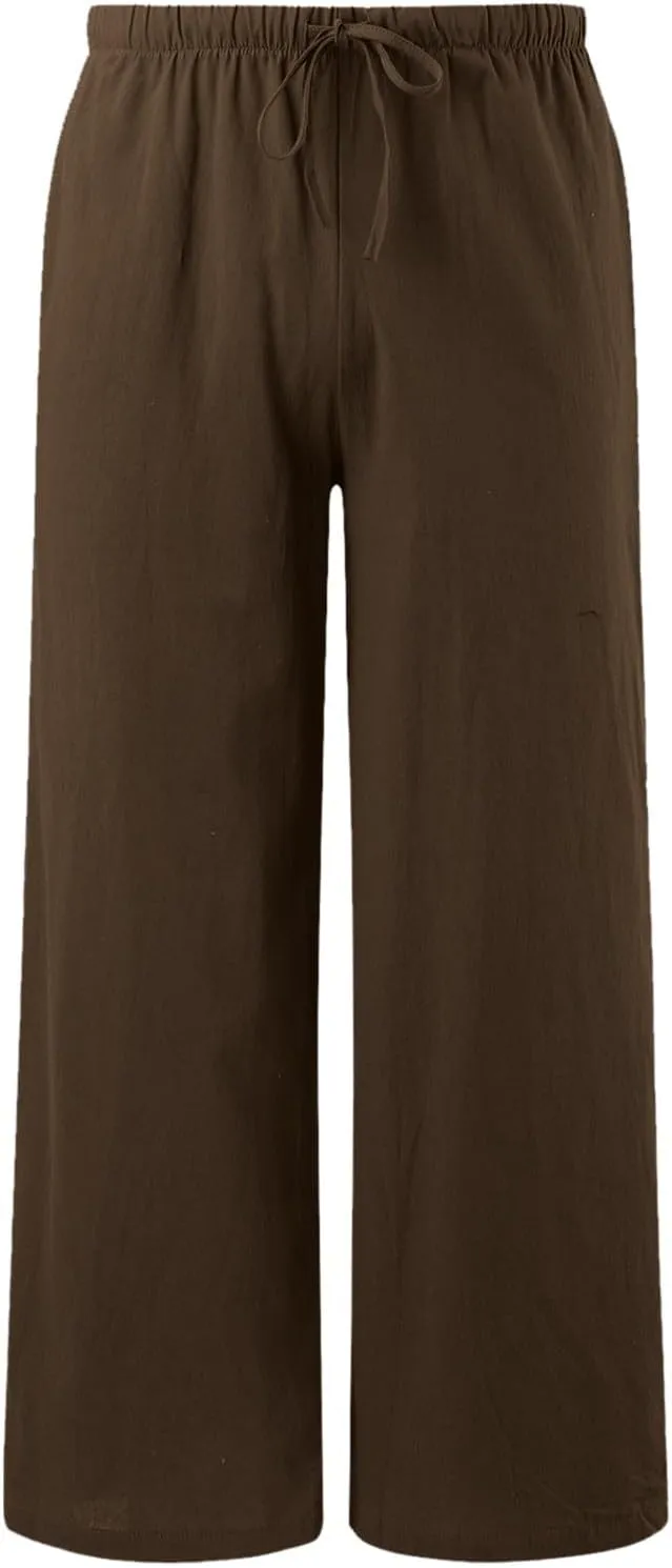 Women High Waisted Wide Leg Pants Fashion Drawstring Elastic Trousers Comfy Straight Leg Long Pants with Pockets
