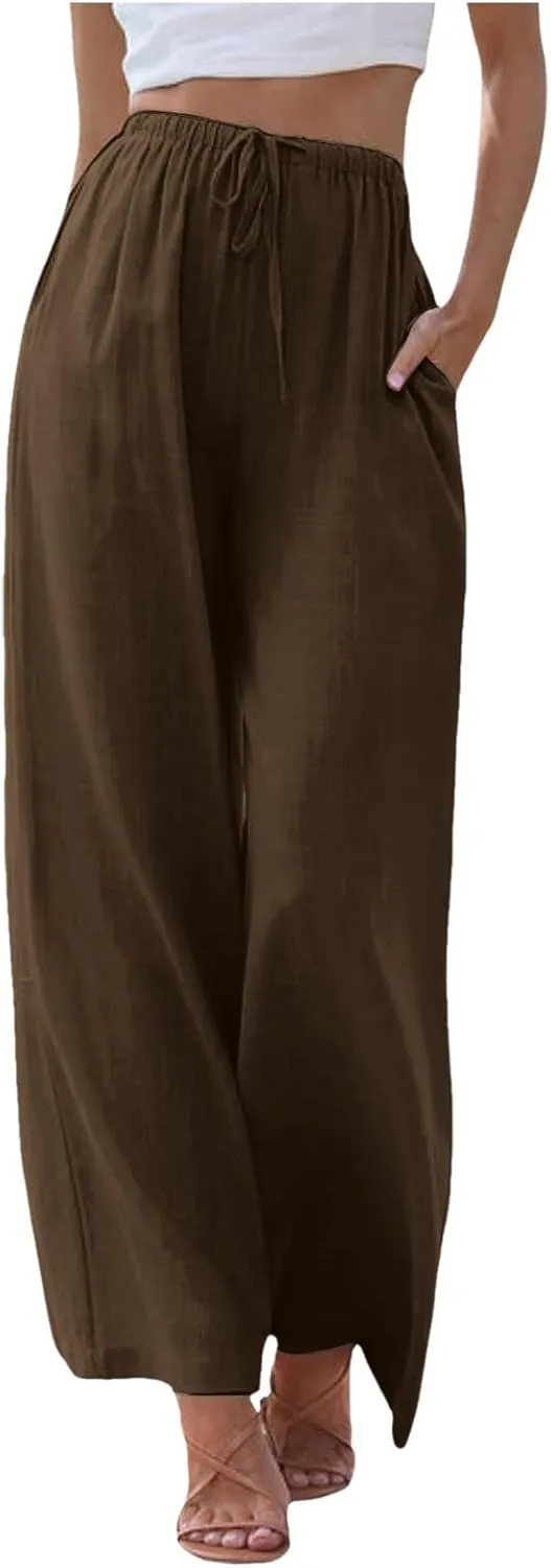 Women High Waisted Wide Leg Pants Fashion Drawstring Elastic Trousers Comfy Straight Leg Long Pants with Pockets