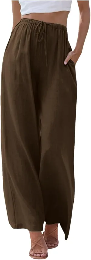 Women High Waisted Wide Leg Pants Fashion Drawstring Elastic Trousers Comfy Straight Leg Long Pants with Pockets