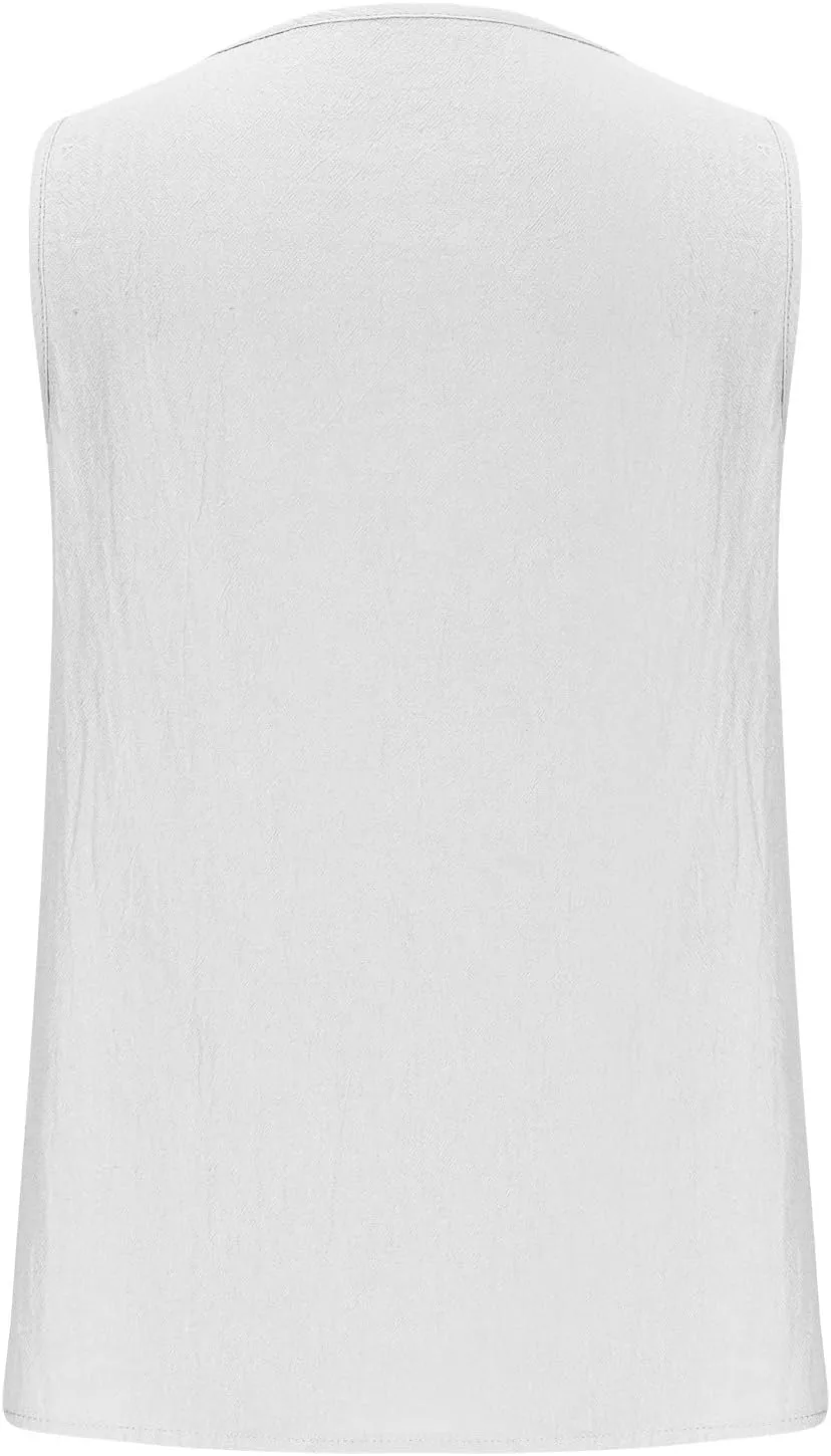 Women Hollow Trim Cotton Linen Tank Tops Summer Casual V Neck Sleeveless T-Shirts Fashion Beach Vacation Blouses