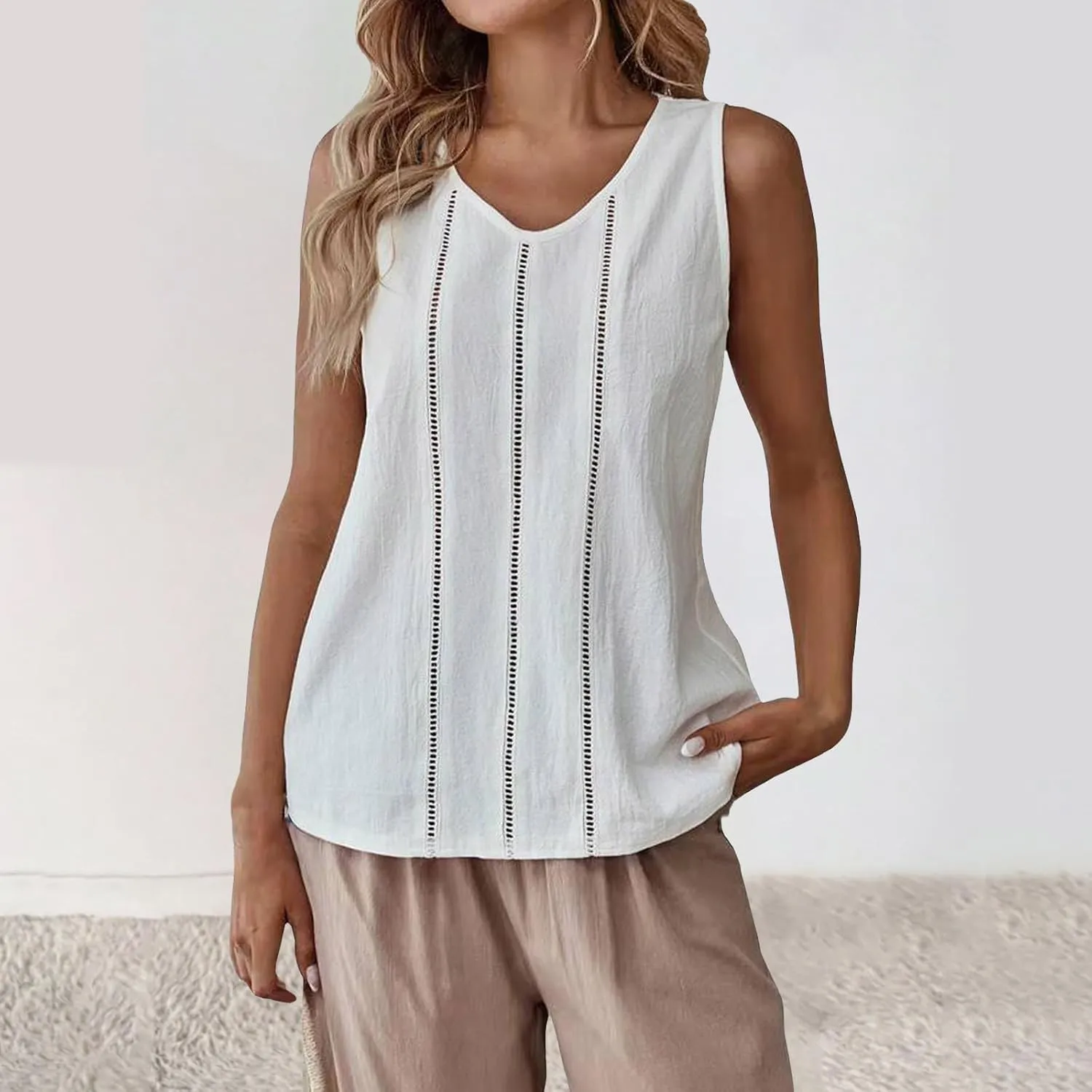 Women Hollow Trim Cotton Linen Tank Tops Summer Casual V Neck Sleeveless T-Shirts Fashion Beach Vacation Blouses