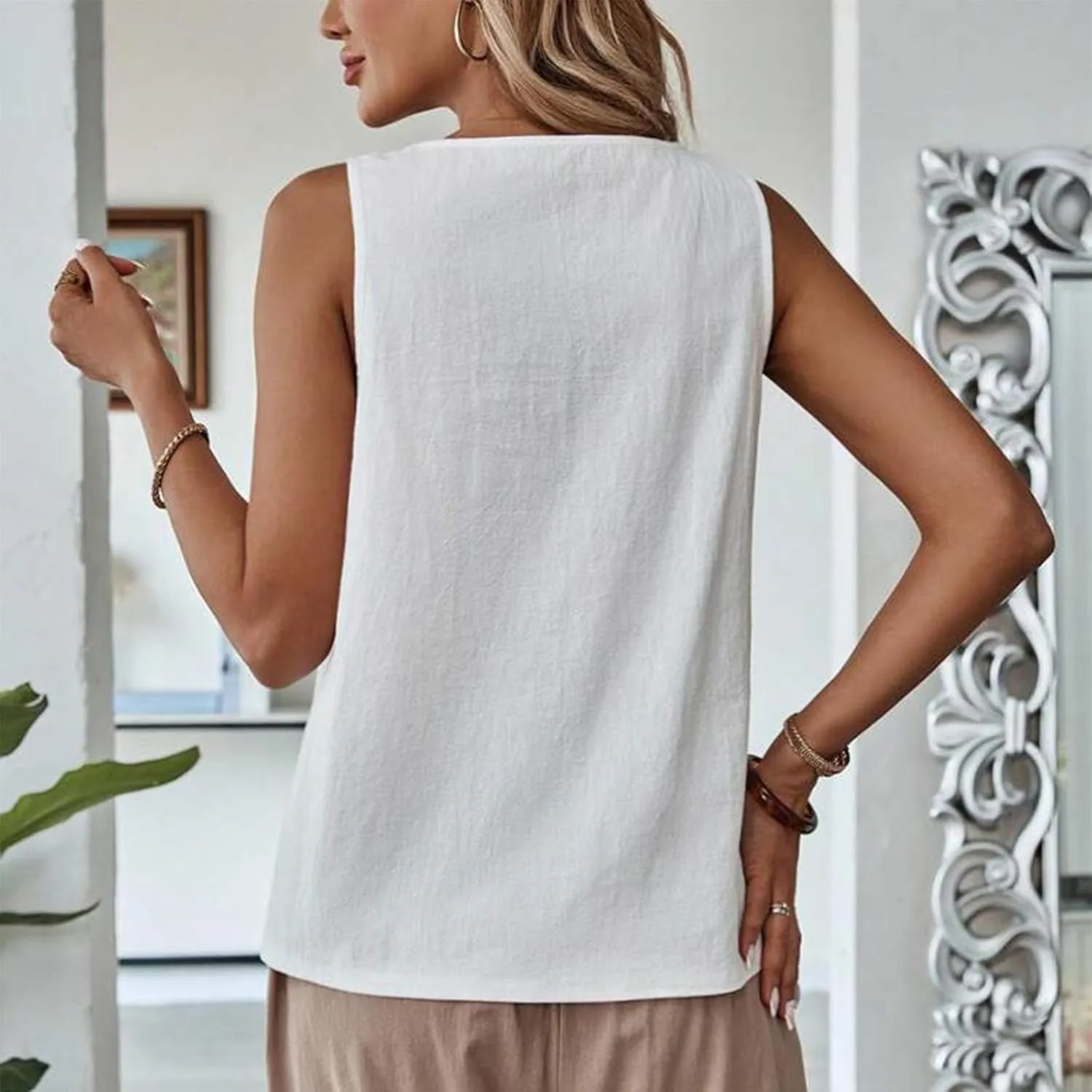 Women Hollow Trim Cotton Linen Tank Tops Summer Casual V Neck Sleeveless T-Shirts Fashion Beach Vacation Blouses