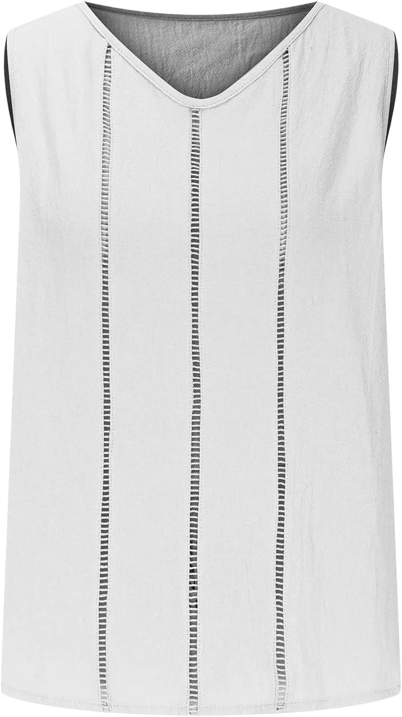 Women Hollow Trim Cotton Linen Tank Tops Summer Casual V Neck Sleeveless T-Shirts Fashion Beach Vacation Blouses