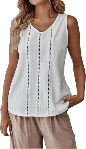 Women Hollow Trim Cotton Linen Tank Tops Summer Casual V Neck Sleeveless T-Shirts Fashion Beach Vacation Blouses