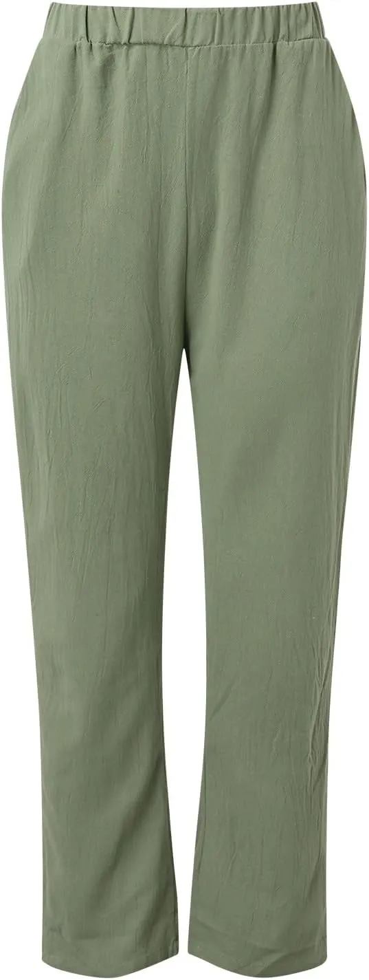 Women Linen Cotton Blend Pants Straight Leg Summer Cotton Casual High Waist Elastic Linen Beach Pants