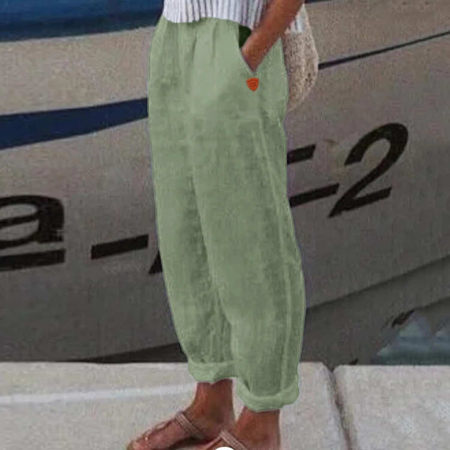 Women Linen Cotton Blend Pants Straight Leg Summer Cotton Casual High Waist Elastic Linen Beach Pants