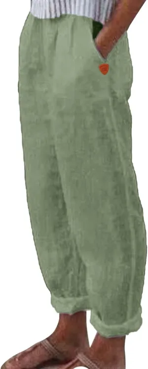 Women Linen Cotton Blend Pants Straight Leg Summer Cotton Casual High Waist Elastic Linen Beach Pants