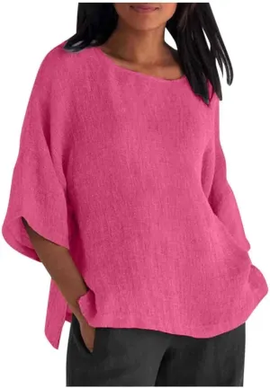 Women Linen Shirts Summer Cotton Linen Boho Short Sleeve T-Shirt Casual Loose Basic V Neck Blouse Top