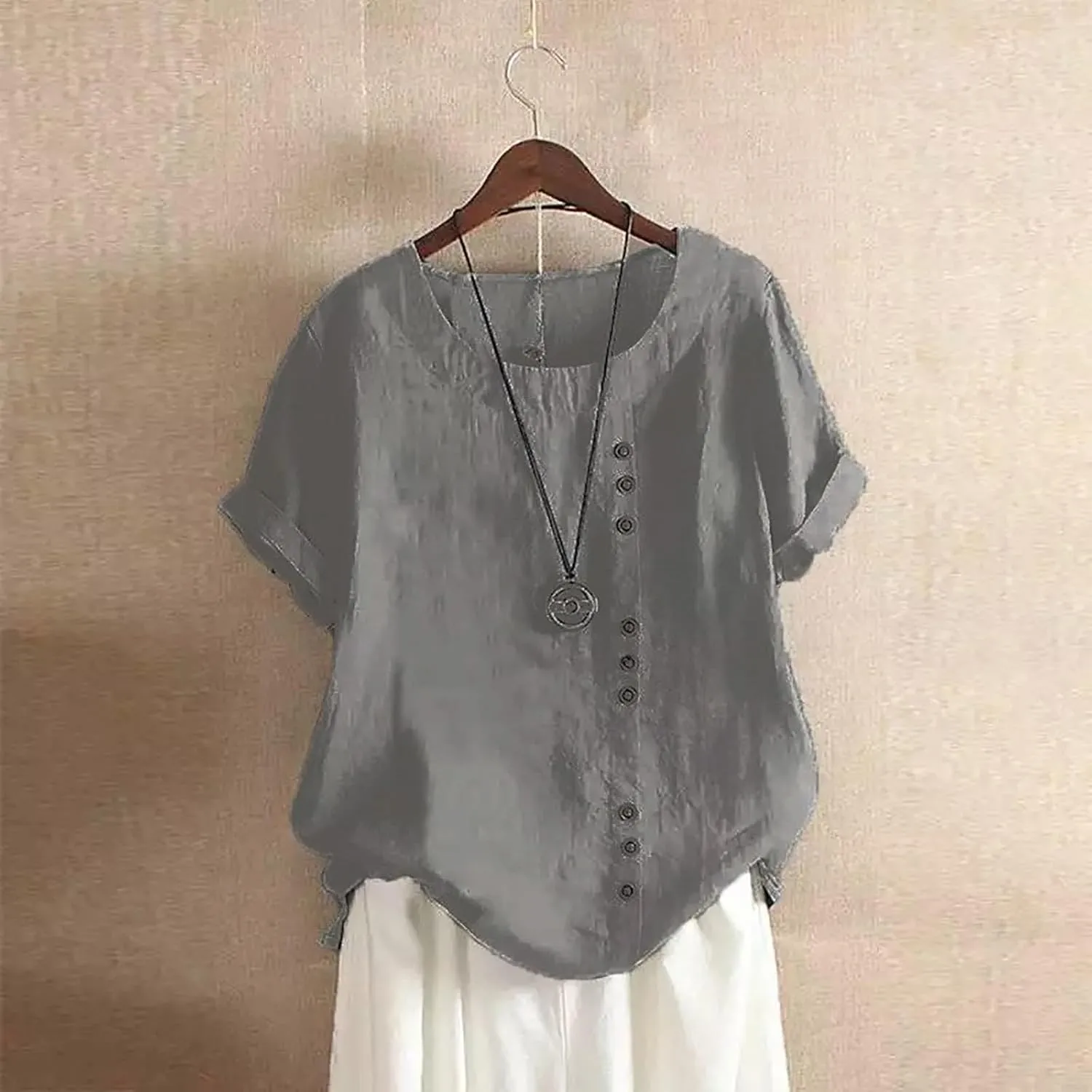 Women Linen Shirts Summer Linen Button Long Sleeve T Shirt Casual Plus Size Lightweight Crewneck Tshirts