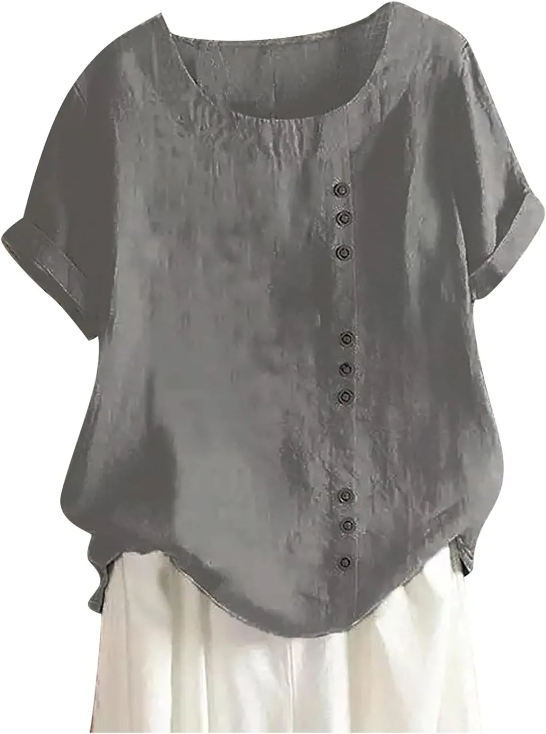 Women Linen Shirts Summer Linen Button Long Sleeve T Shirt Casual Plus Size Lightweight Crewneck Tshirts