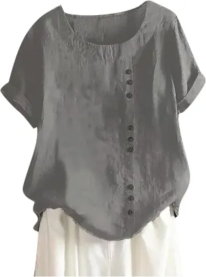 Women Linen Shirts Summer Linen Button Long Sleeve T Shirt Casual Plus Size Lightweight Crewneck Tshirts
