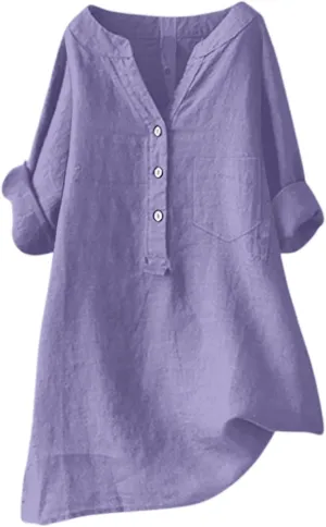 Women Linen Shirts Summer Linen Button Long Sleeve T Shirt Casual Plus Size Lightweight Crewneck Tshirts