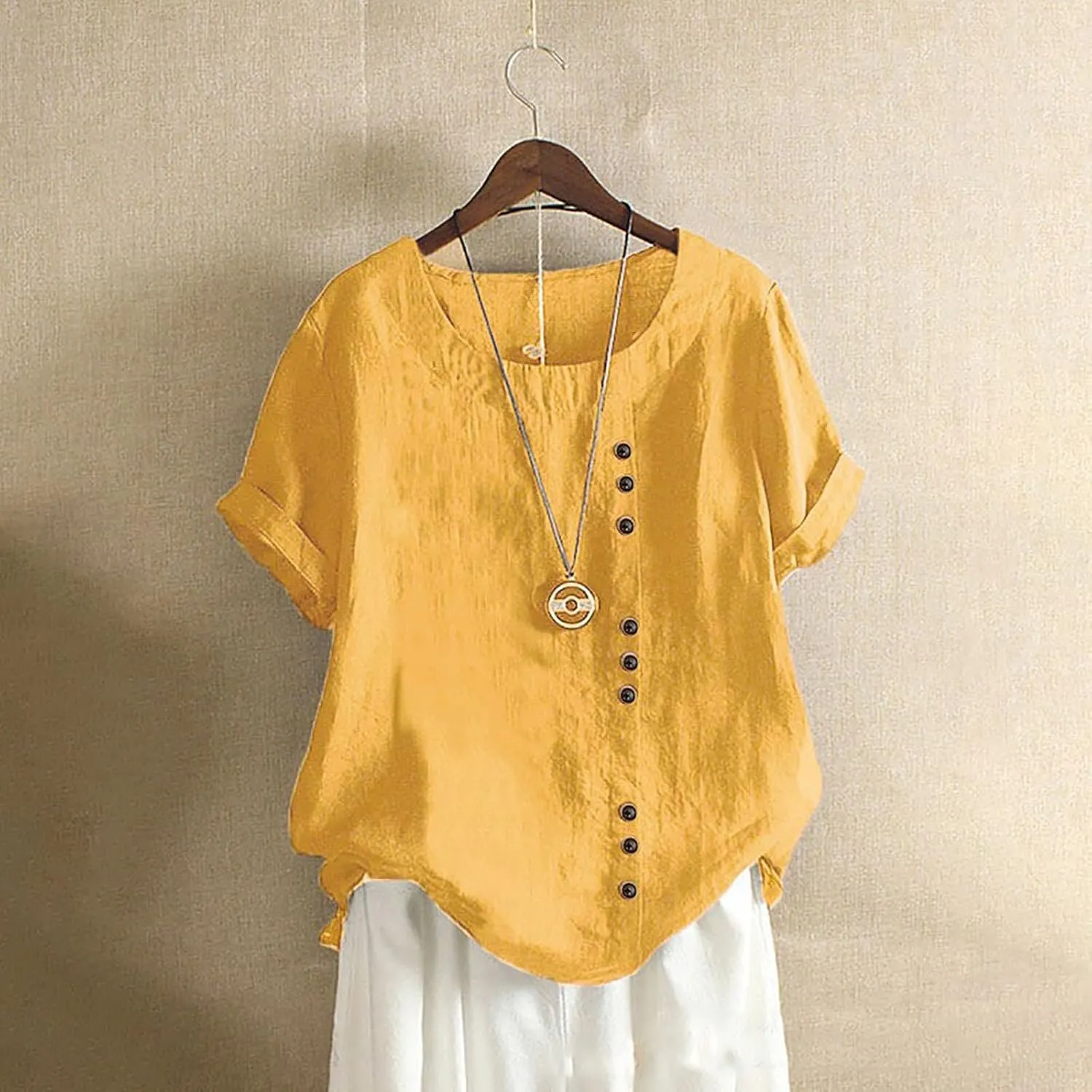 Women Linen Shirts Summer Linen Button Long Sleeve T Shirt Casual Plus Size Lightweight Crewneck Tshirts