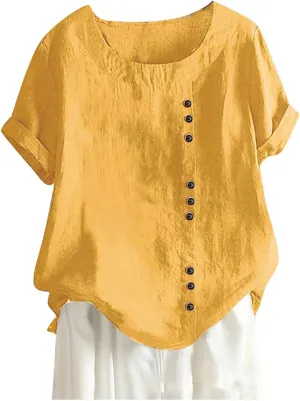 Women Linen Shirts Summer Linen Button Long Sleeve T Shirt Casual Plus Size Lightweight Crewneck Tshirts