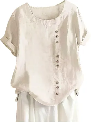 Women Linen Shirts Summer Linen Button Long Sleeve T Shirt Casual Plus Size Lightweight Crewneck Tshirts