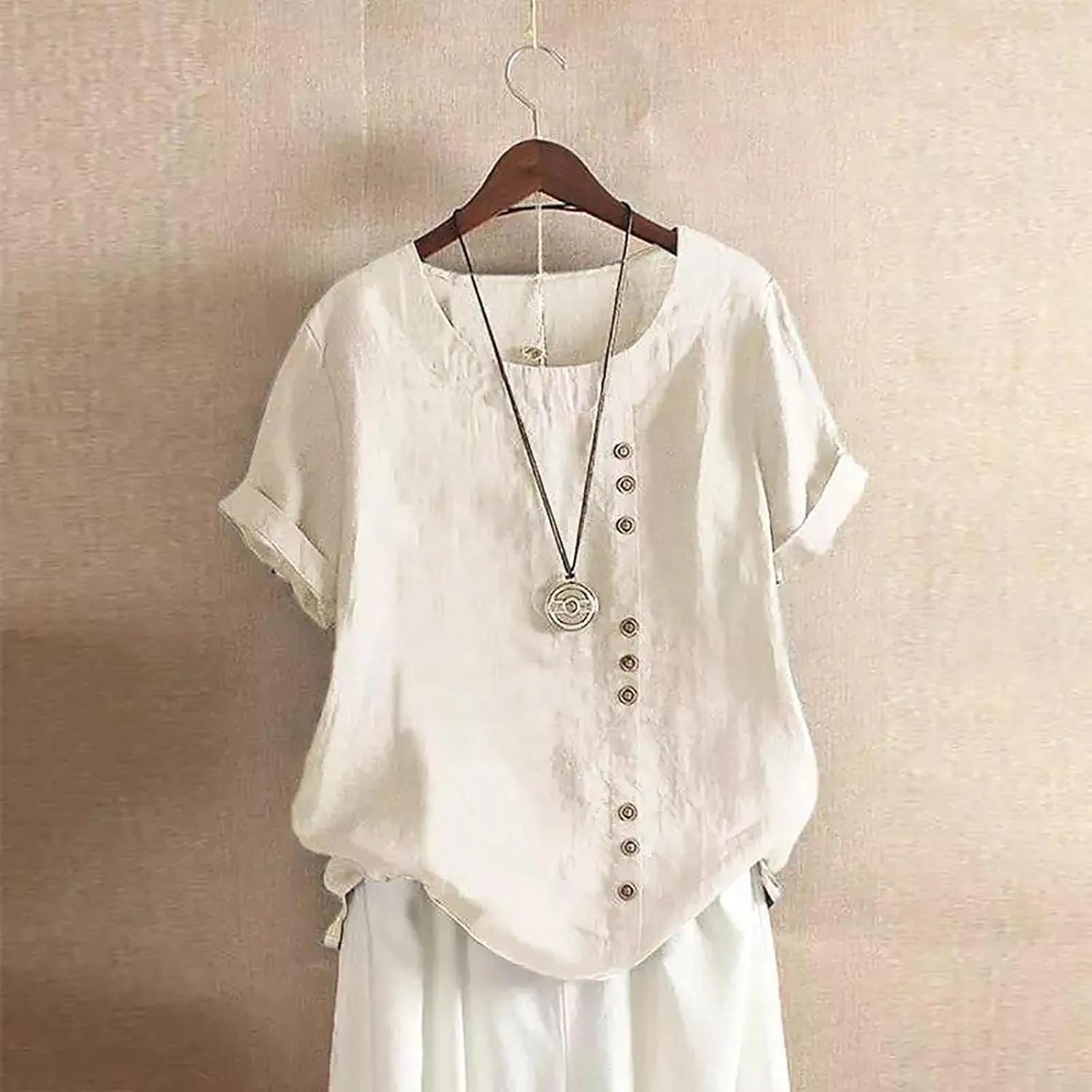 Women Linen Shirts Summer Linen Button Long Sleeve T Shirt Casual Plus Size Lightweight Crewneck Tshirts