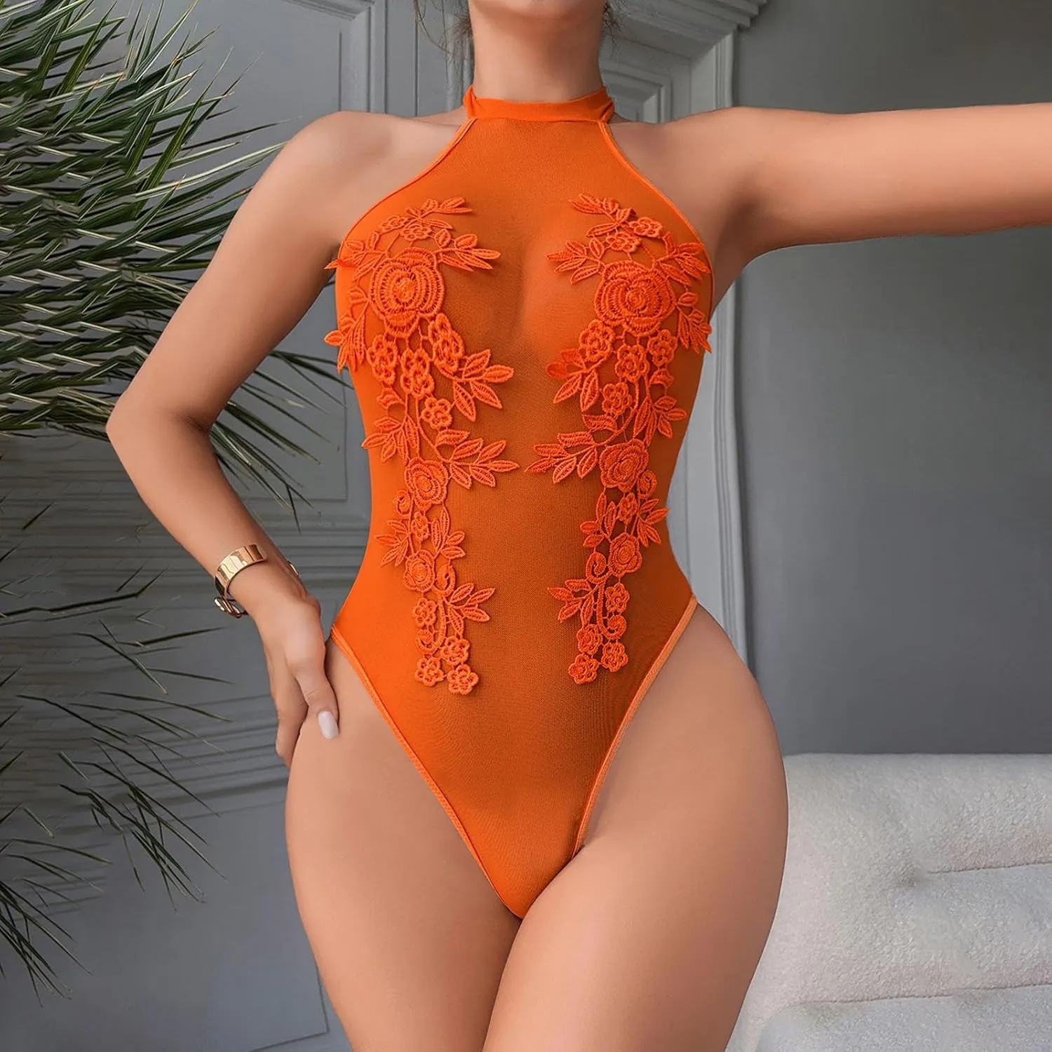 Women Lingerie Sexy Babydoll Teddy with Thigh Cuffs Tie-Front Lace Trim Dress Nightwear Rave Outfits