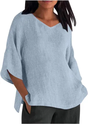 Women Oversized Cotton Linen T-Shirt Summer 3/4 Sleeve Crewneck Casual Tunic Tops Plus Size Basic Split Side Loose Fit Blouse