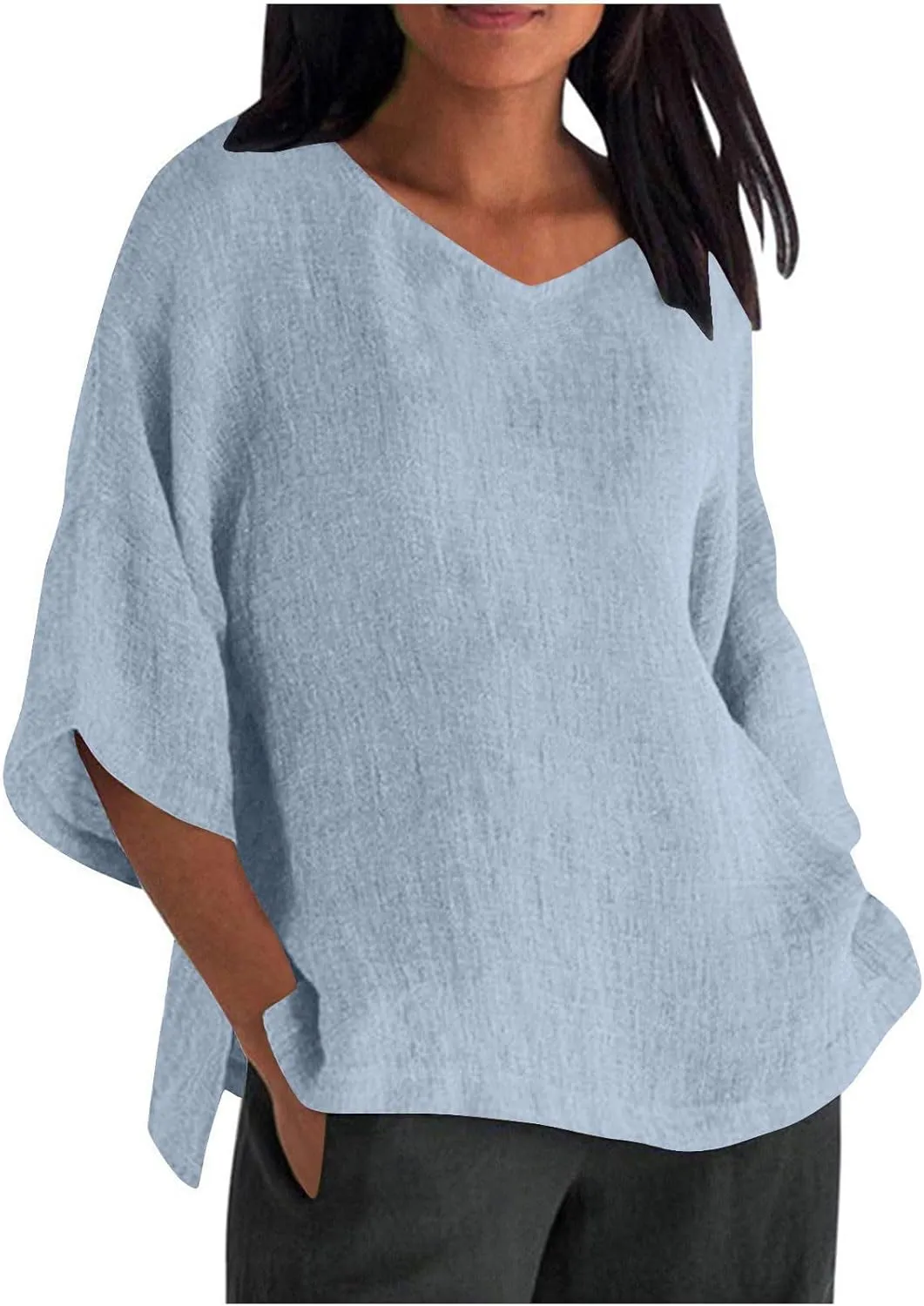 Women Oversized Cotton Linen T-Shirt Summer 3/4 Sleeve Crewneck Casual Tunic Tops Plus Size Basic Split Side Loose Fit Blouse