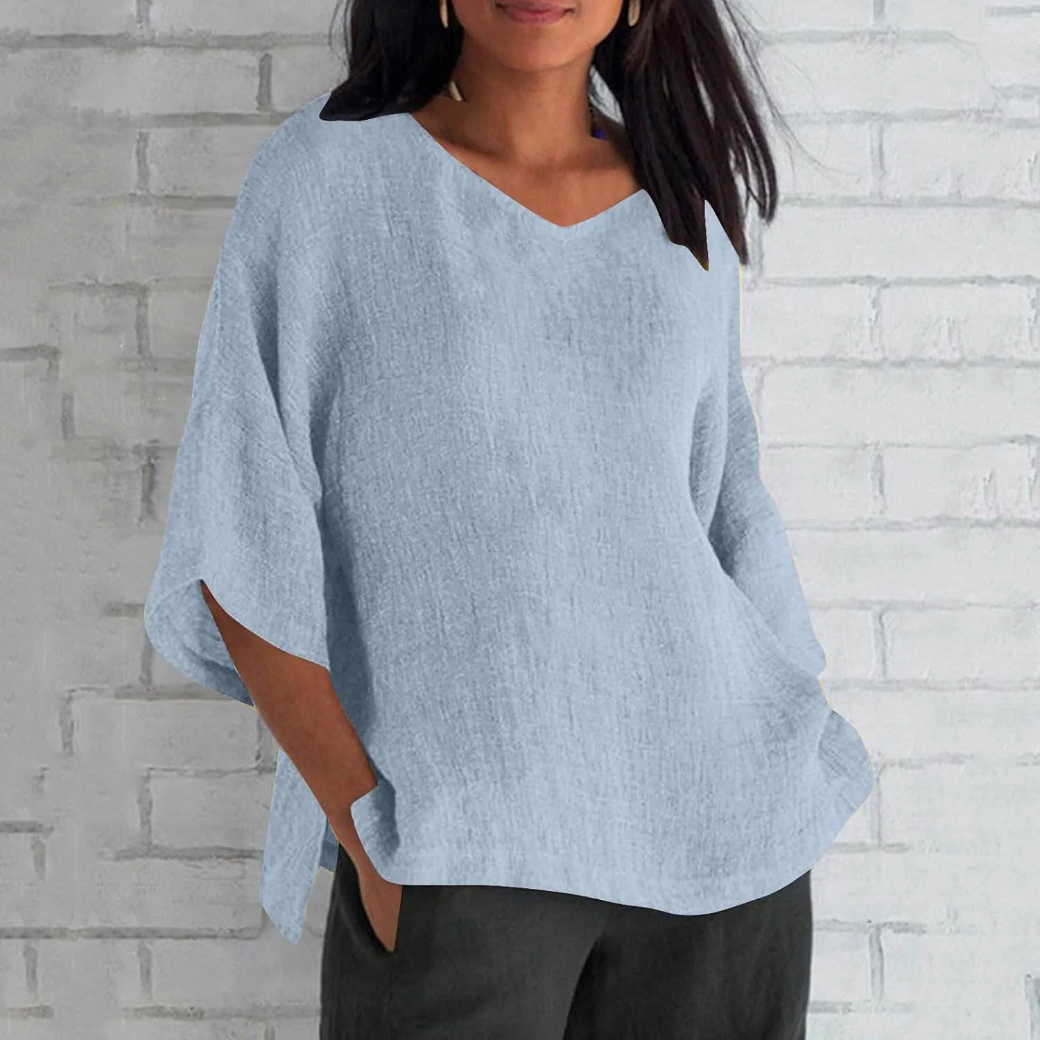 Women Oversized Cotton Linen T-Shirt Summer 3/4 Sleeve Crewneck Casual Tunic Tops Plus Size Basic Split Side Loose Fit Blouse