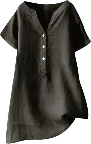 Women Short Sleeve Cotton Linen Shirts Summer Casual V-Neck Button Down Shirts Trendy Overszied Summer Beach Outfits
