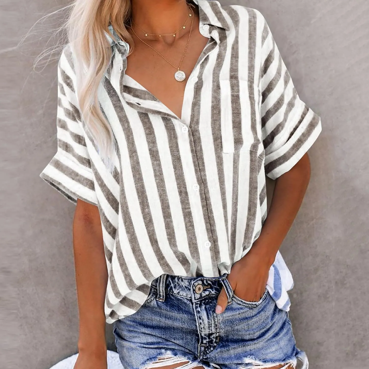 Women Striped Button Down Shirts Cotton Linen Blouse Tops Short Sleeve Collar Guaze Shirt Trendy Vacation Work Clothes