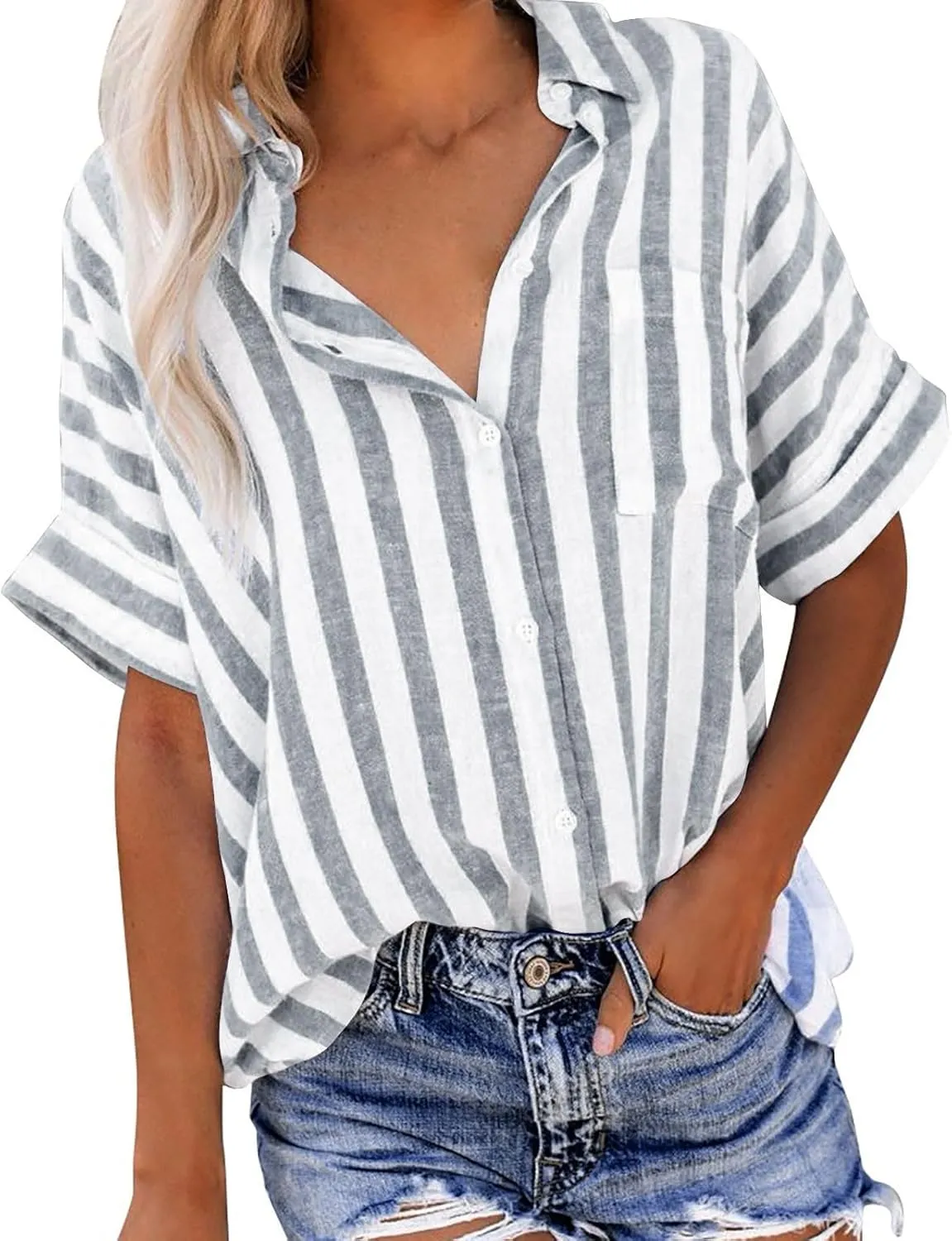 Women Striped Button Down Shirts Cotton Linen Blouse Tops Short Sleeve Collar Guaze Shirt Trendy Vacation Work Clothes