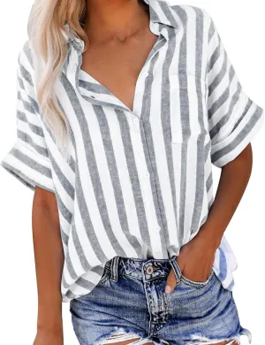 Women Striped Button Down Shirts Cotton Linen Blouse Tops Short Sleeve Collar Guaze Shirt Trendy Vacation Work Clothes
