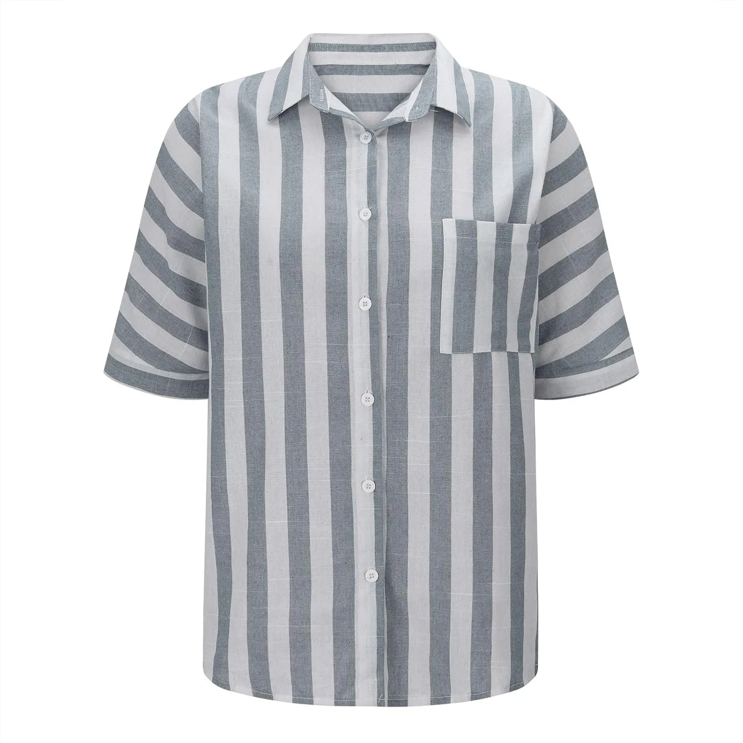 Women Striped Button Down Shirts Cotton Linen Blouse Tops Short Sleeve Collar Guaze Shirt Trendy Vacation Work Clothes
