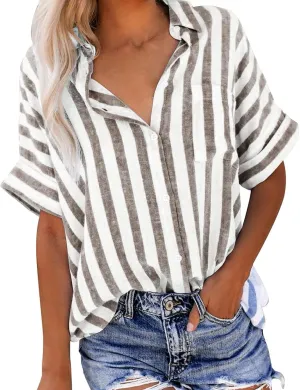 Women Striped Button Down Shirts Cotton Linen Blouse Tops Short Sleeve Collar Guaze Shirt Trendy Vacation Work Clothes