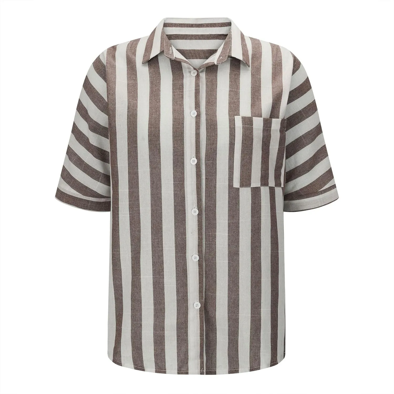 Women Striped Button Down Shirts Cotton Linen Blouse Tops Short Sleeve Collar Guaze Shirt Trendy Vacation Work Clothes