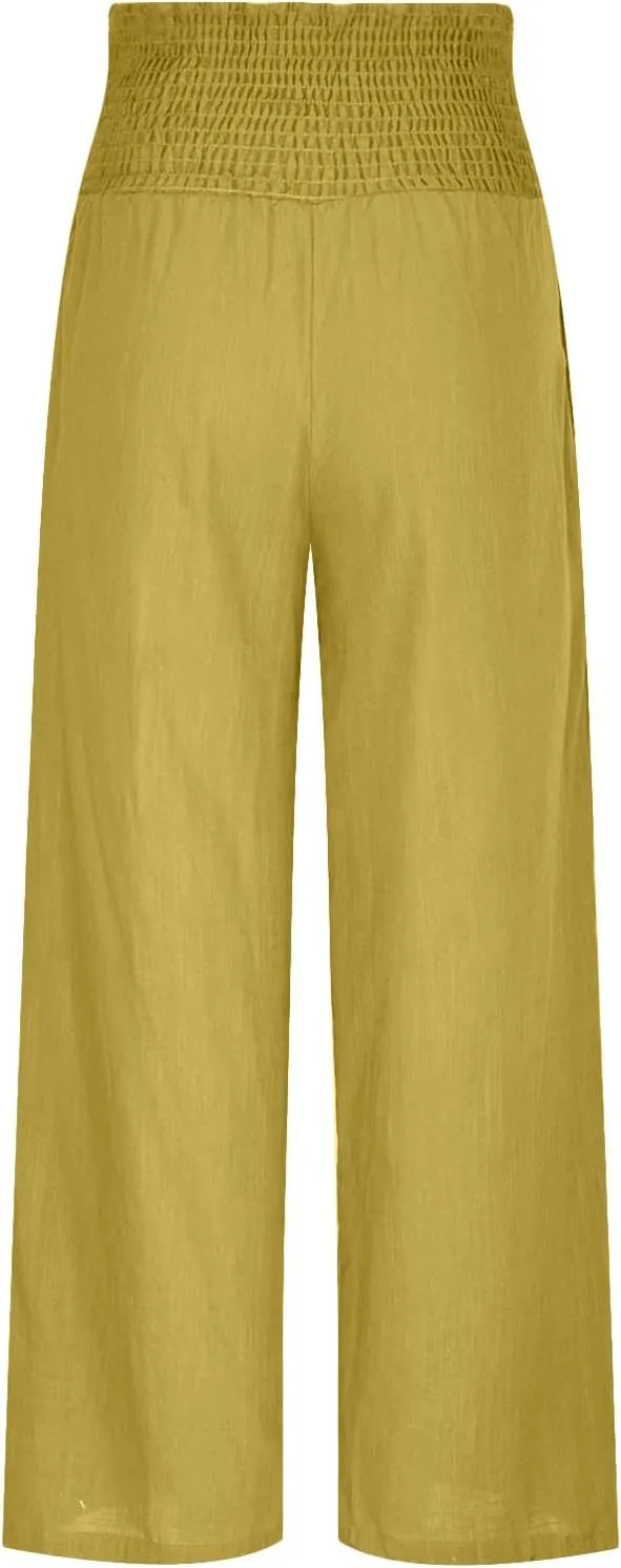 Women Summer Smocked Cotton Linen Palazzo Pants High Waisted Wide Leg Lounge Pant Boho Trousers Joggers with Pockets