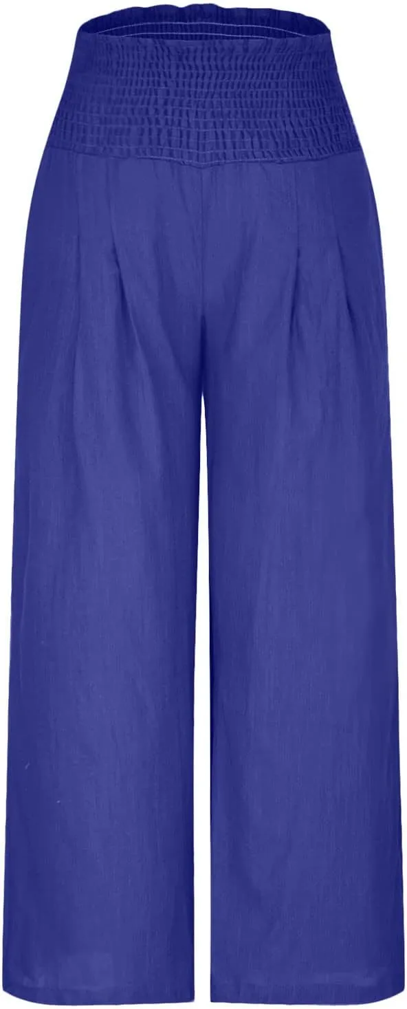 Women Summer Smocked Cotton Linen Palazzo Pants High Waisted Wide Leg Lounge Pant Boho Trousers Joggers with Pockets