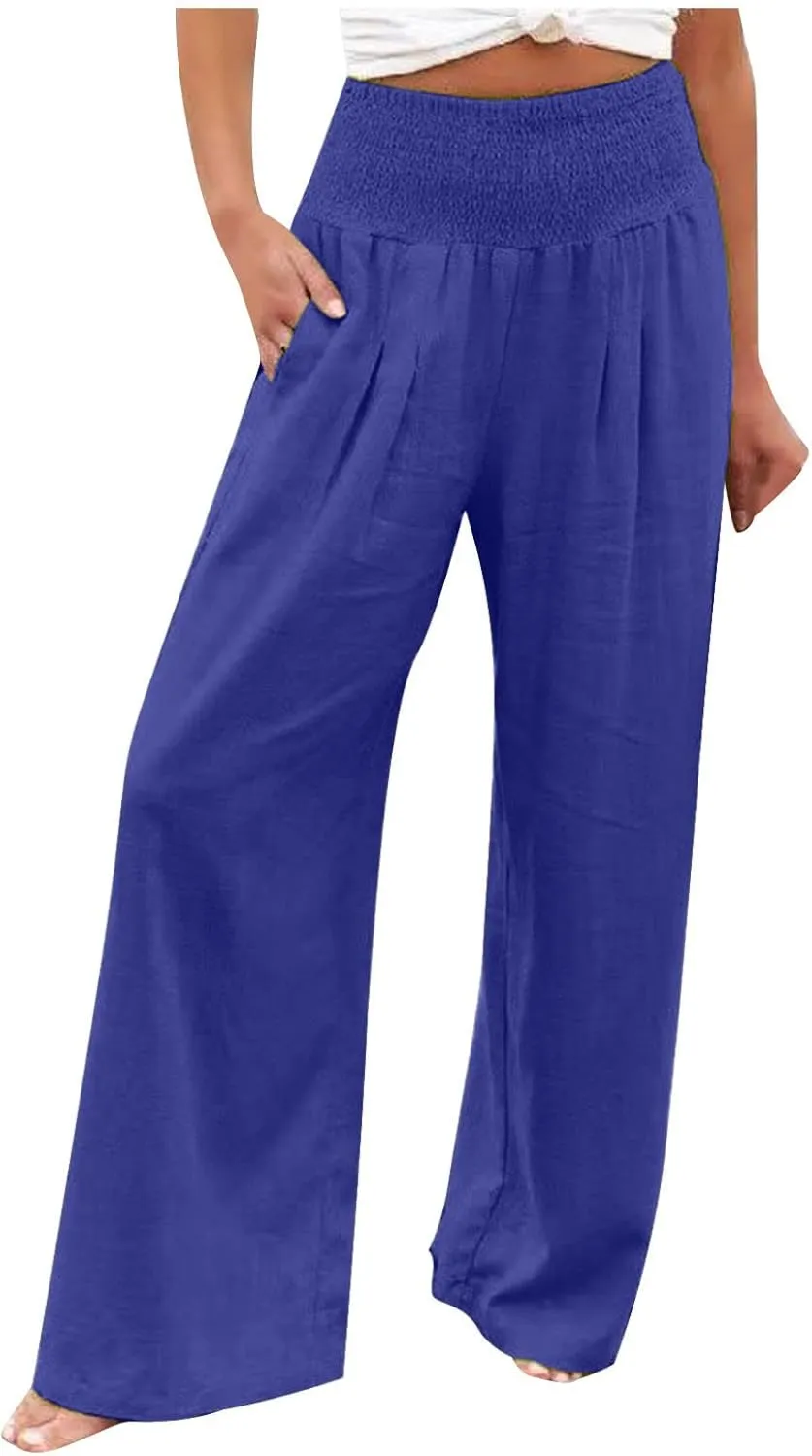 Women Summer Smocked Cotton Linen Palazzo Pants High Waisted Wide Leg Lounge Pant Boho Trousers Joggers with Pockets