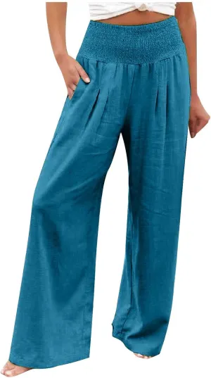 Women Summer Smocked Cotton Linen Palazzo Pants High Waisted Wide Leg Lounge Pant Boho Trousers Joggers with Pockets