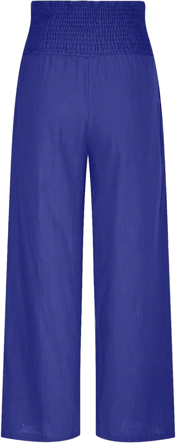 Women Summer Smocked Cotton Linen Palazzo Pants High Waisted Wide Leg Lounge Pant Boho Trousers Joggers with Pockets