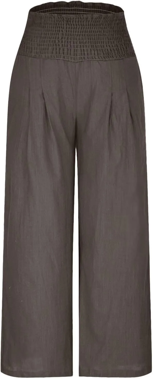 Women Summer Smocked Cotton Linen Palazzo Pants High Waisted Wide Leg Lounge Pant Boho Trousers Joggers with Pockets