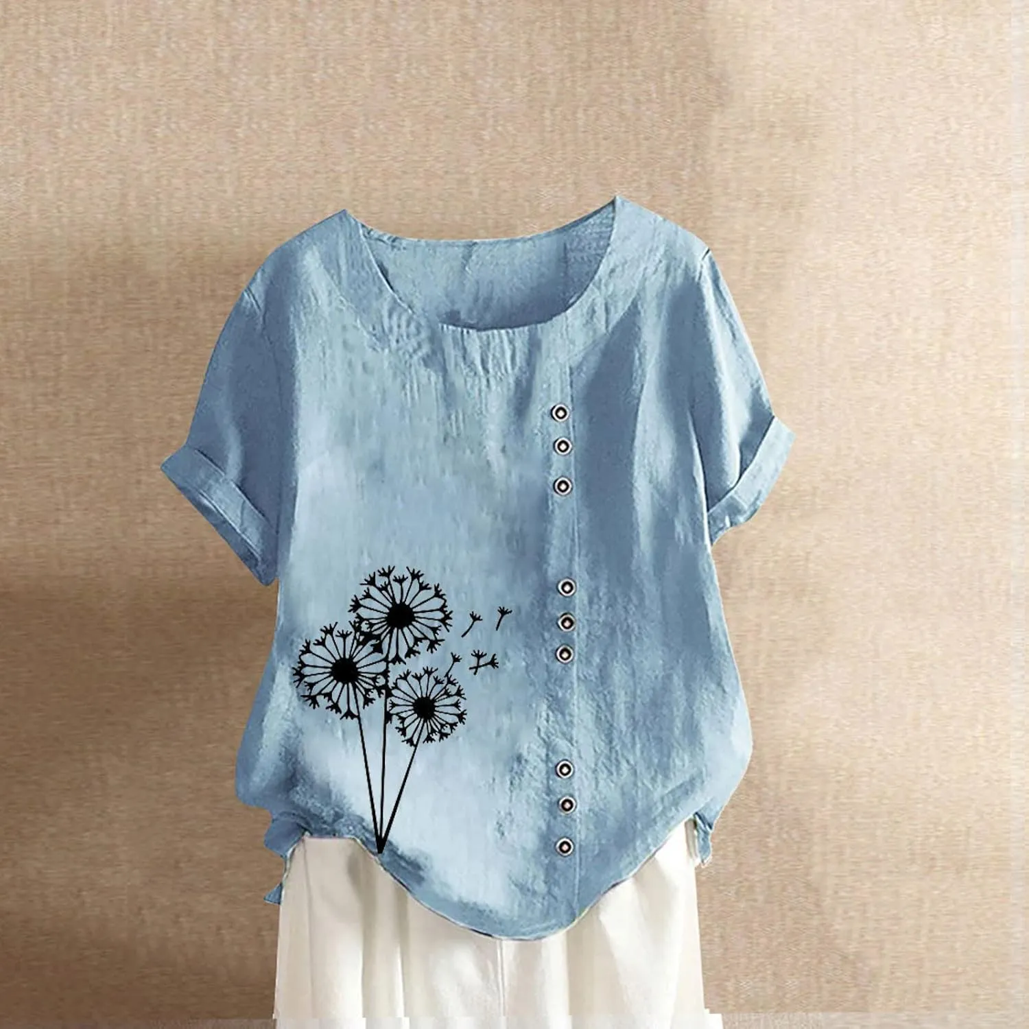 Women Summer Tops 2024 Plus Size Cotton Linen Floral Blosue Tops Casual Crewneck Short Sleeve Tshirts