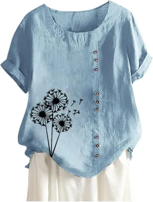 Women Summer Tops 2024 Plus Size Cotton Linen Floral Blosue Tops Casual Crewneck Short Sleeve Tshirts