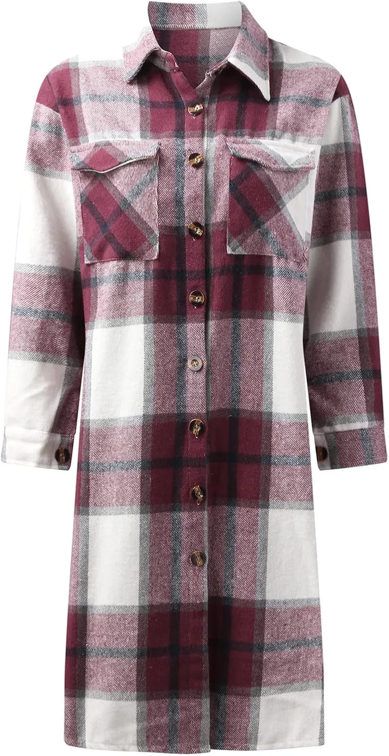 Womens 2023 Fall Flannel Shacket Jacket Brushed Plaid Shirts Outerwear Casual Lapel Button Down Tartan Trench Coat