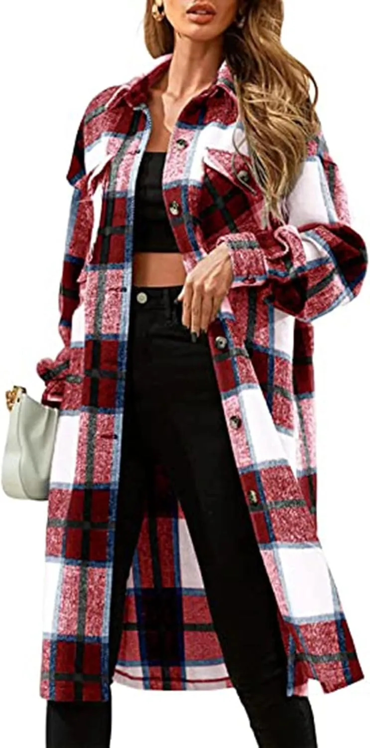 Womens 2023 Fall Flannel Shacket Jacket Brushed Plaid Shirts Outerwear Casual Lapel Button Down Tartan Trench Coat