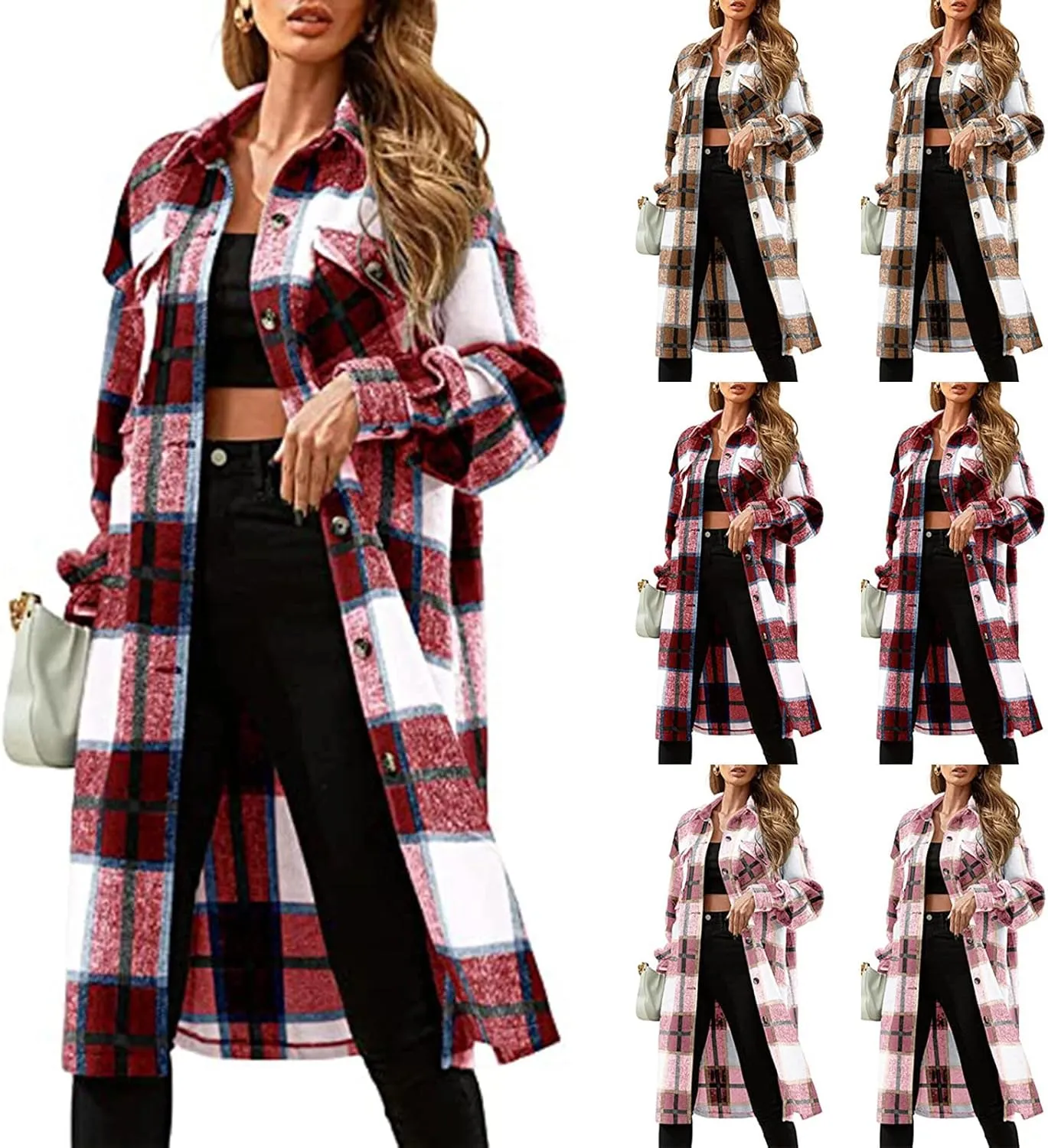 Womens 2023 Fall Flannel Shacket Jacket Brushed Plaid Shirts Outerwear Casual Lapel Button Down Tartan Trench Coat