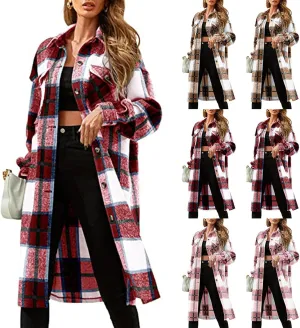 Womens 2023 Fall Flannel Shacket Jacket Brushed Plaid Shirts Outerwear Casual Lapel Button Down Tartan Trench Coat