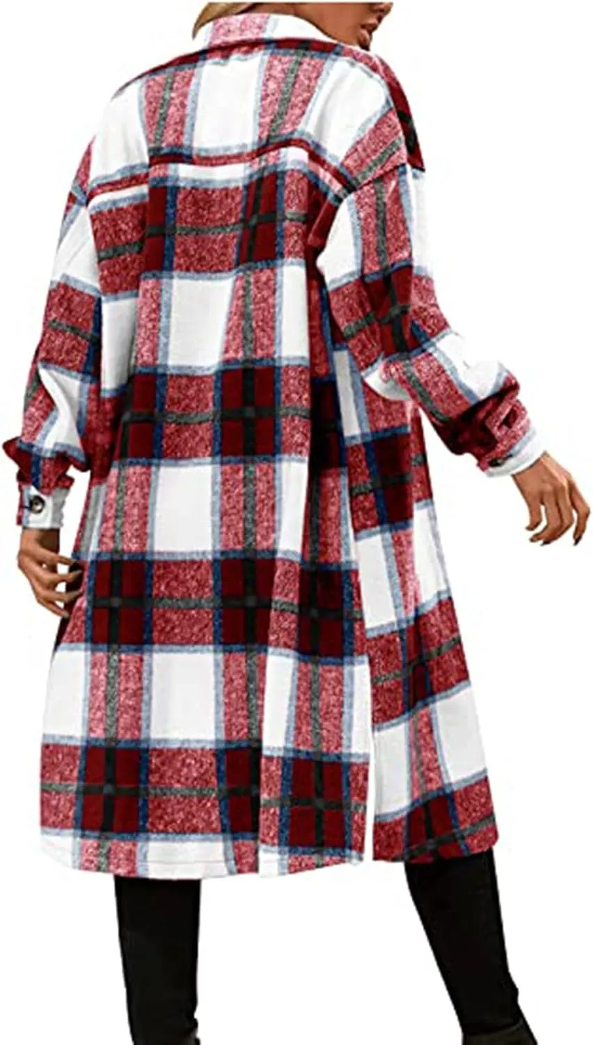 Womens 2023 Fall Flannel Shacket Jacket Brushed Plaid Shirts Outerwear Casual Lapel Button Down Tartan Trench Coat