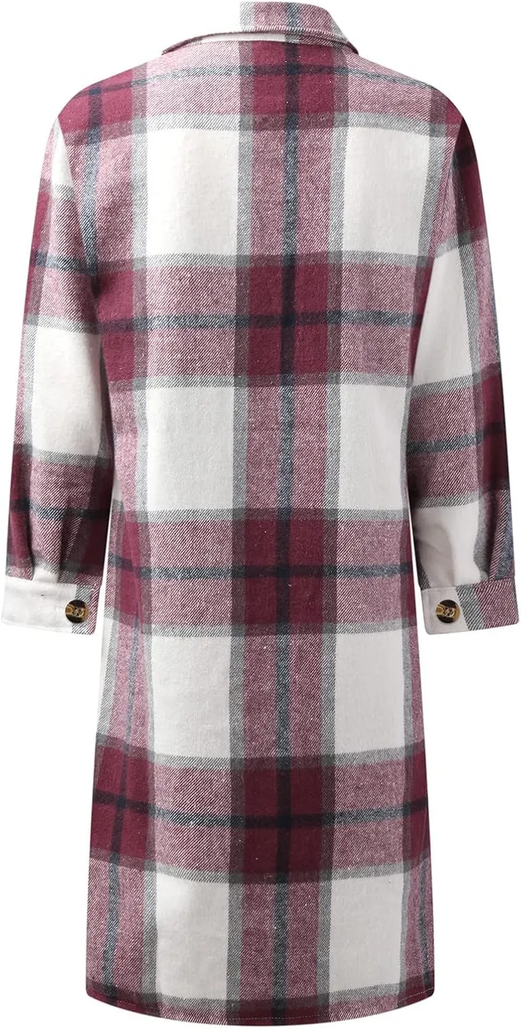 Womens 2023 Fall Flannel Shacket Jacket Brushed Plaid Shirts Outerwear Casual Lapel Button Down Tartan Trench Coat